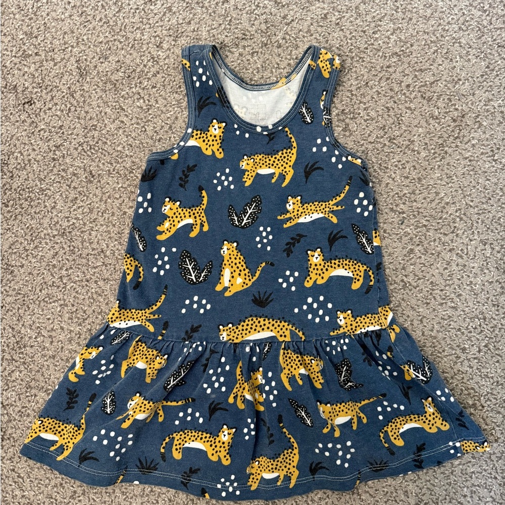 Winter water factory 3T Blue Sleeveless Dress with Yellow Leopard Print